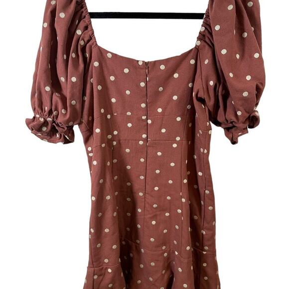 By Together Brown and White Polka‎ Dot Zip Back Mini Dress with Puff Sleeves - Picture 3 of 5